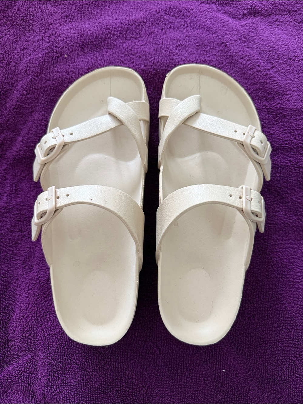 Women’s Cream Double-Strap Buckle Slide Sandals